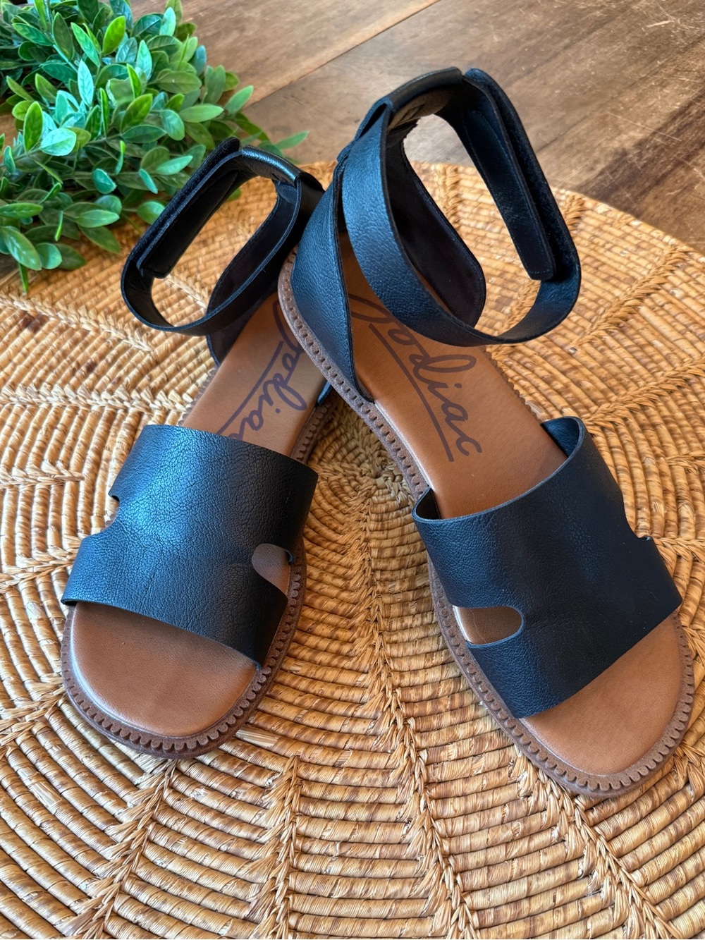 Zodiac Black Faux Leather Ankle-Strap Sandals